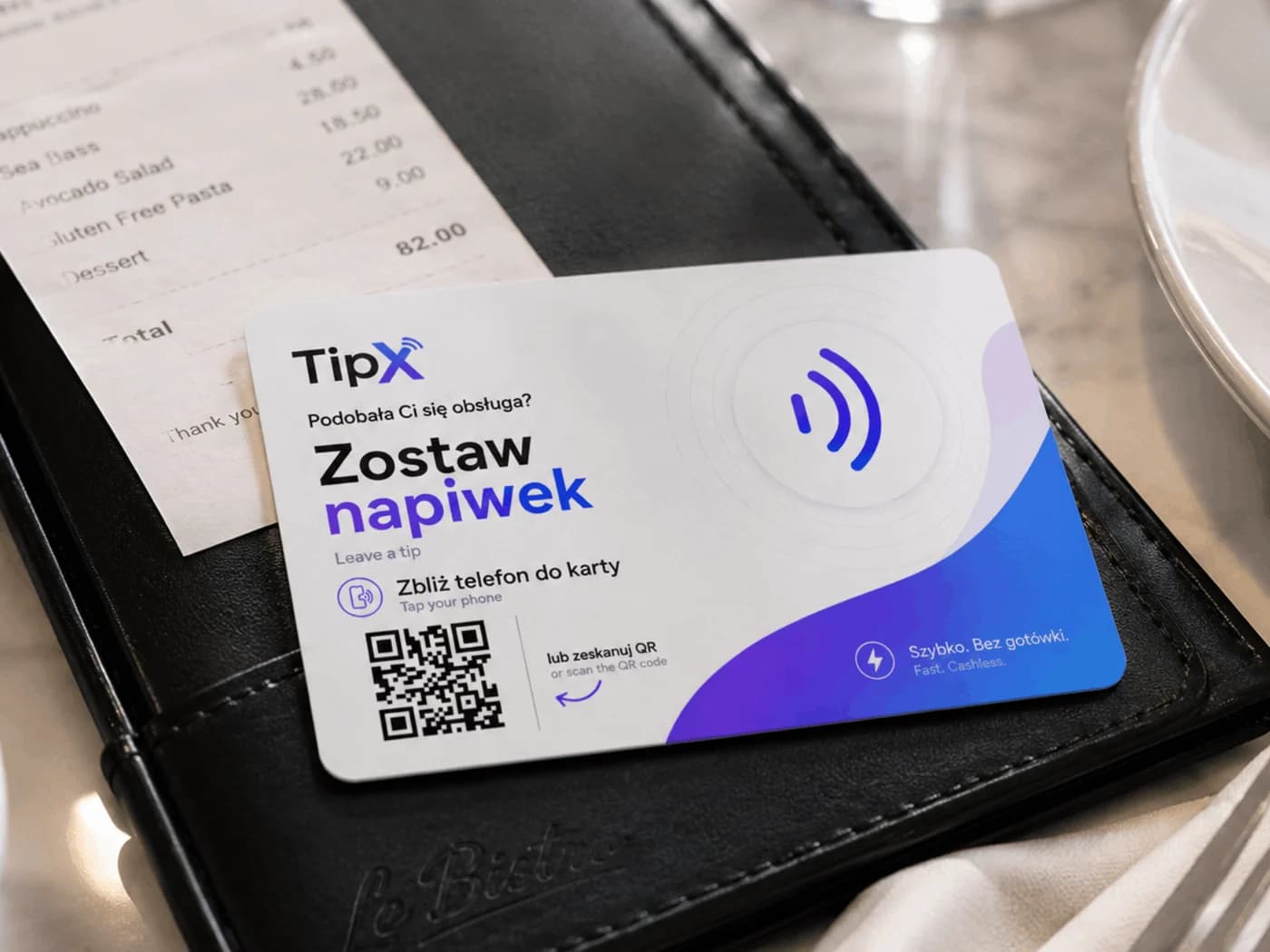 Karta NFC TipX z kodem QR przy rachunku