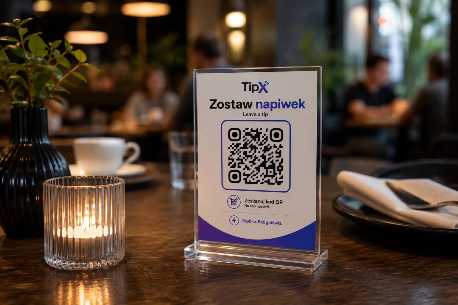 Stojak TipX z kodem QR na stoliku w restauracji wieczorem