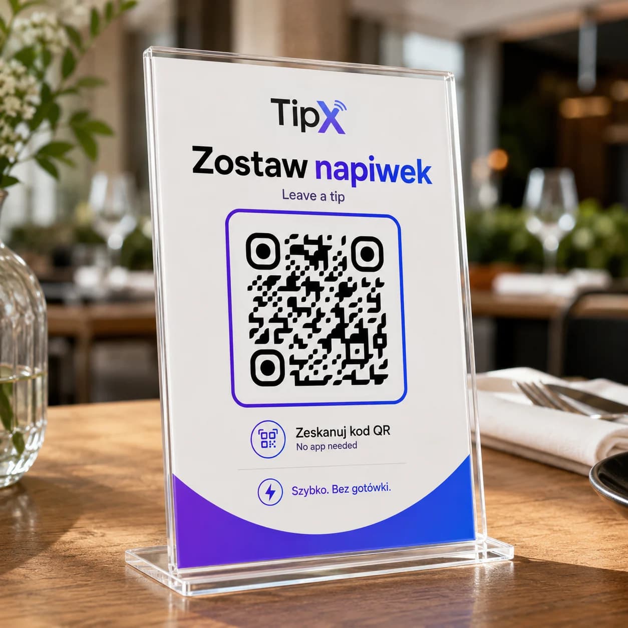 Stojak TipX z kodem QR na stole w lokalu