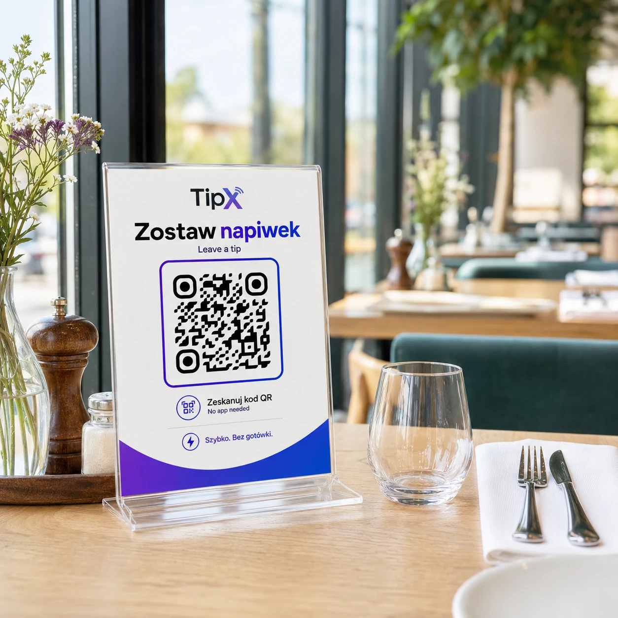 Stojak TipX z kodem QR na stoliku przy oknie w restauracji hotelowej